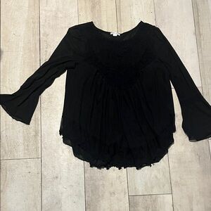 Ultra Pink Black Lace Yoke Bell Sleeve Blouse